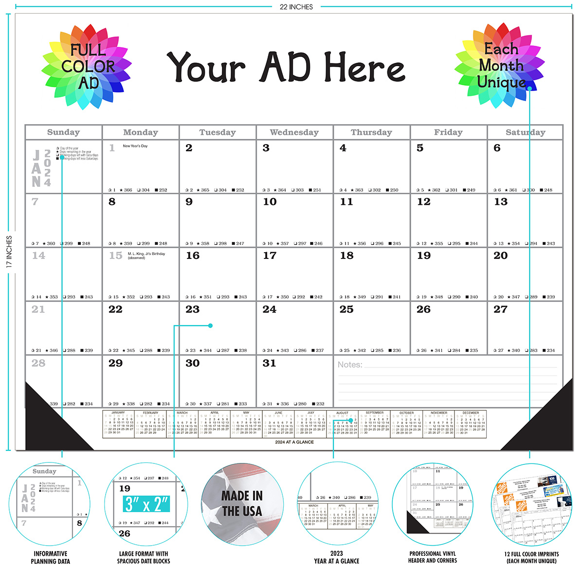 Full Color Full Size Desk Blotter Calendar: 22"x17.25" Dimensions