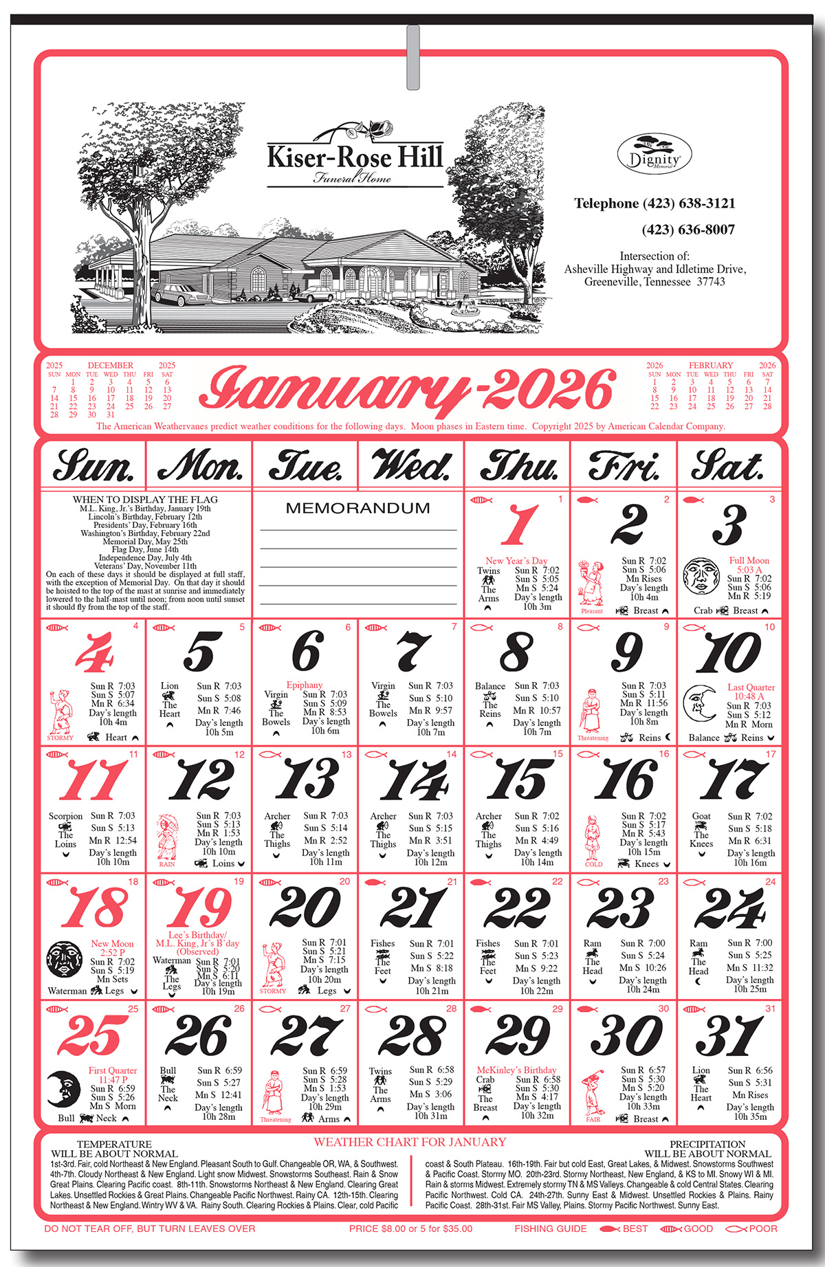 Farmers Almanac Wall Calendar for Funeral Homes Calendar Company